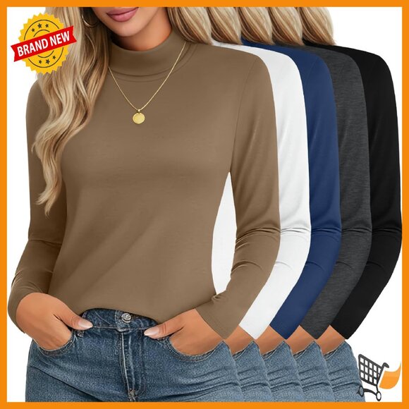 5 Pack Women's Turtleneck Thermal Tops Long Sleeve Cotton Base Layer